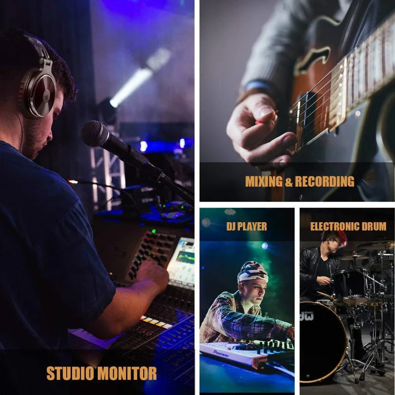 Dark brown, wired over-ear studio monitor headphones being used by a musician in a recording studio.