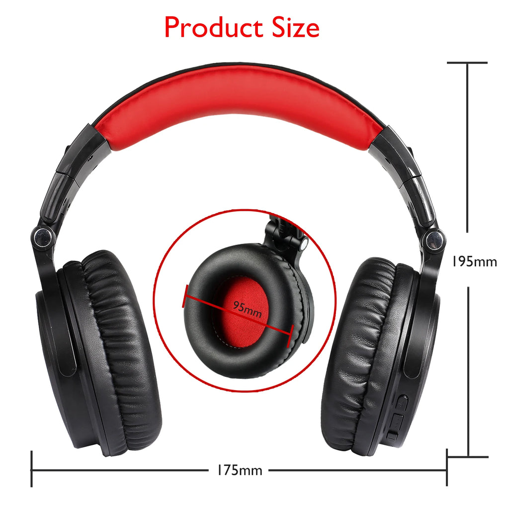 Black and red over-ear wireless headphones shown with measurement guides for height, width, and ear cushion diameter.