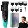 Professional black and teal electric hair clipper with a digital display, six guide combs, charging cable and brush.