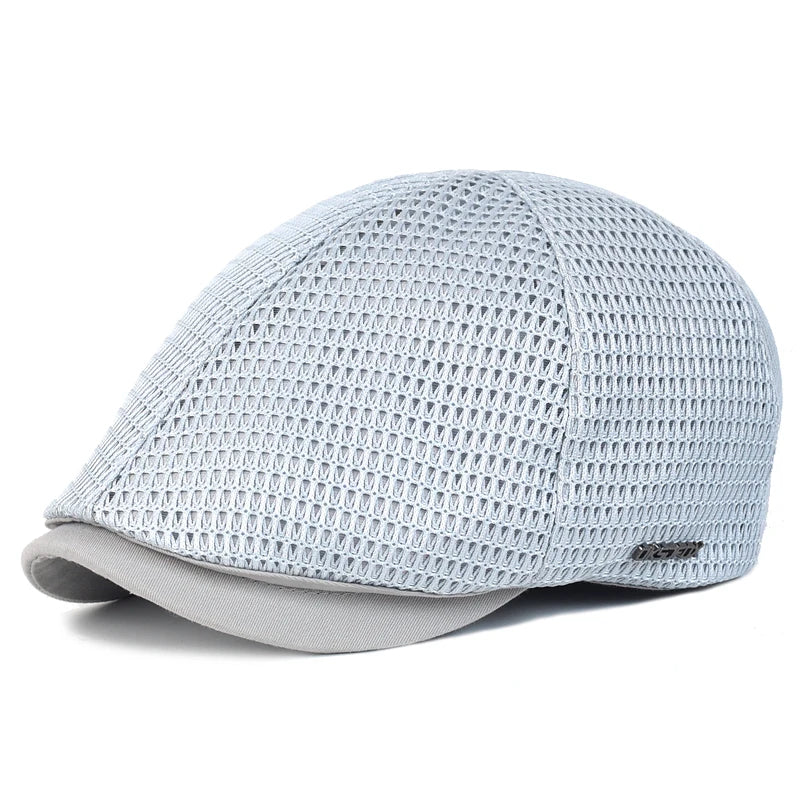 Light grey unisex flat cap featuring a breathable mesh fabric construction and a solid brim.