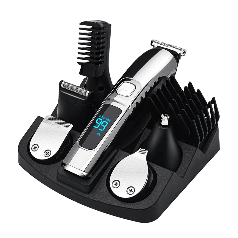 6-in-1 black and silver hair grooming kit with digital display, various trimmer heads, and storage stand.