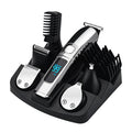 6-in-1 black and silver hair grooming kit with digital display, various trimmer heads, and storage stand.