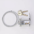 Silver metal cam lock with attached braided steel cable and two keys on a plain white background.