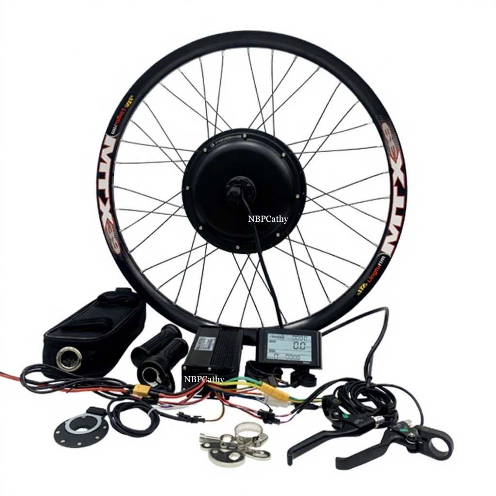 2000W electric bike rear hub motor kit with black spoked wheel, controller, LCD display, throttle, and brake levers.