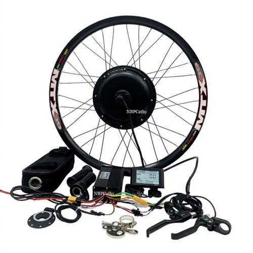 2000W electric bike rear hub motor kit with black spoked wheel, controller, LCD display, throttle, and brake levers.