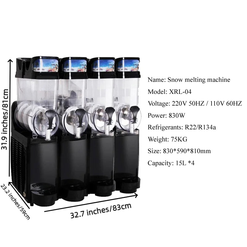 Commercial 60L slush machine with four clear tanks, black base and drip trays, showing dimensions and specifications.
