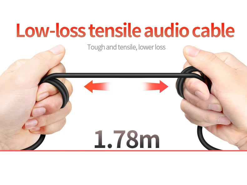 Two hands stretching a durable, black 1.78m audio cable for a gaming headset.