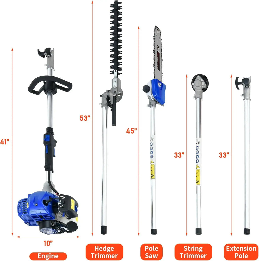 5-in-1 garden multi-tool with blue petrol engine, hedge trimmer, pole saw, string trimmer and extension pole.