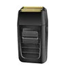 Black rechargeable electric foil shaver with a gold-tone cutting head and textured grip.
