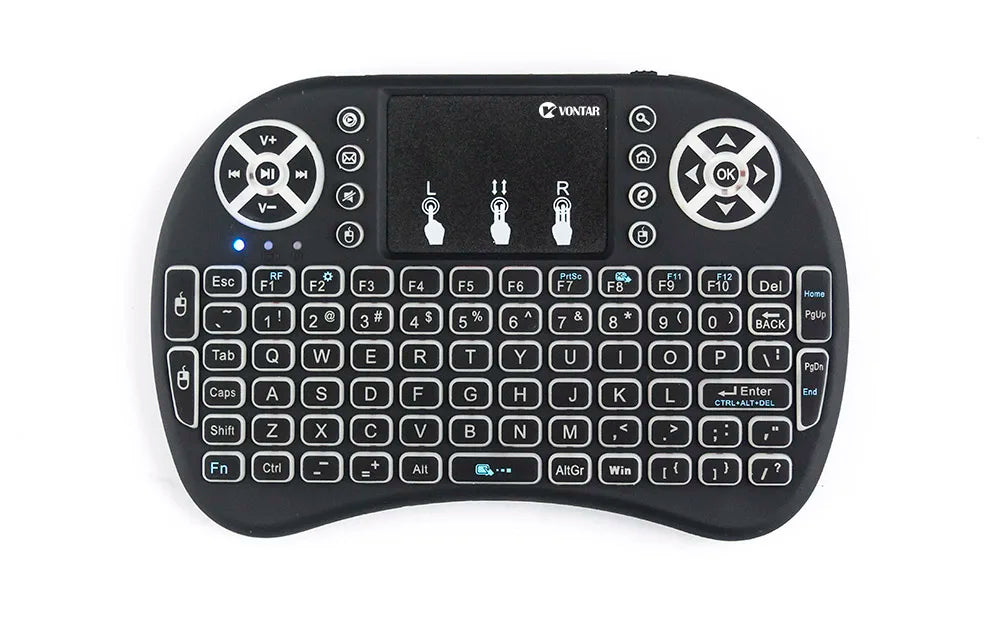 Compact black wireless mini keyboard with a central touchpad, directional D-pad, and multimedia control buttons.