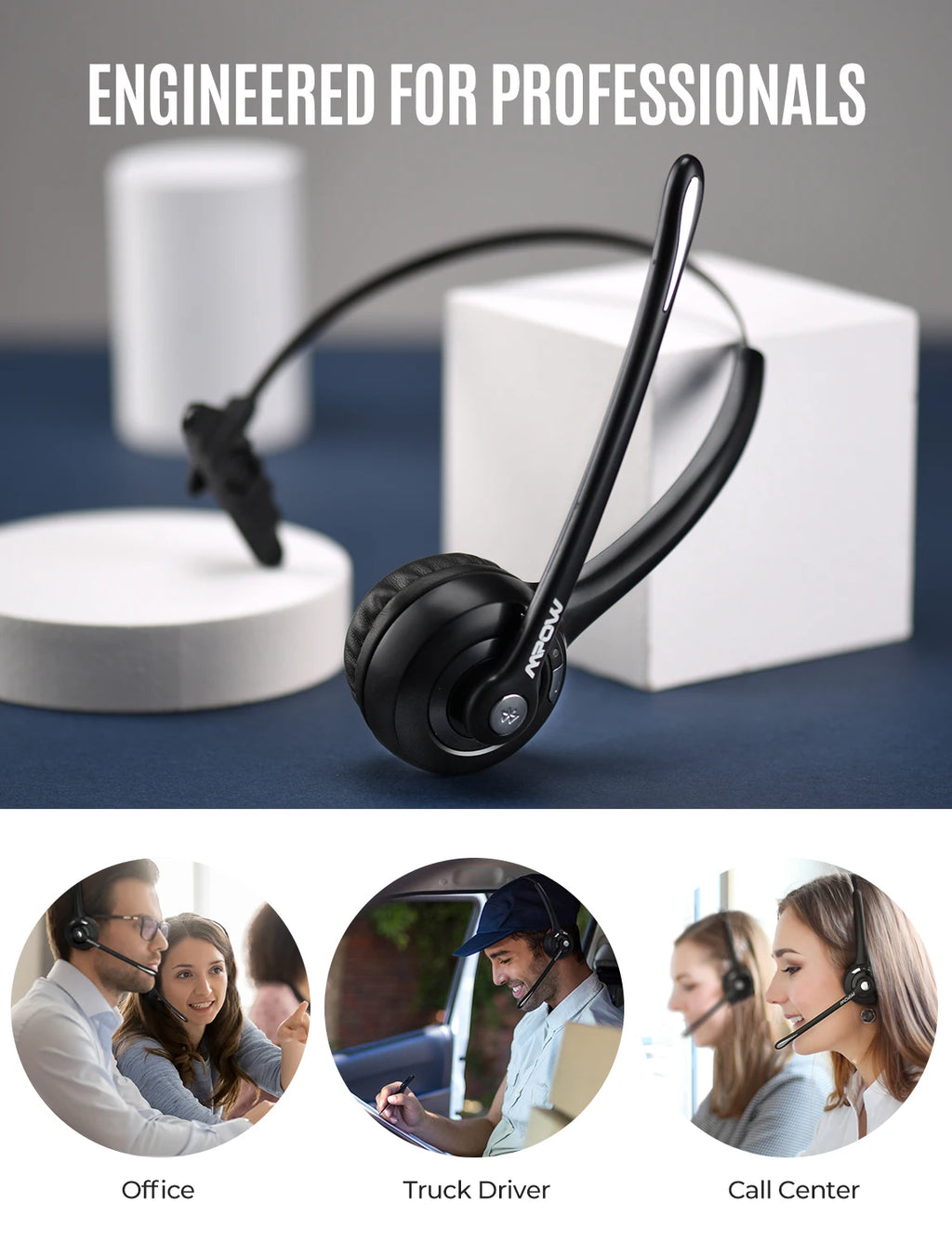 Black wireless office headset with a microphone, shown in professional settings like offices and vehicles.