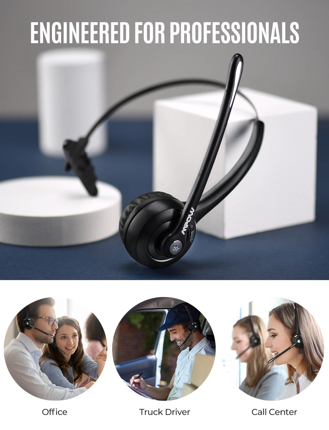 Black wireless office headset with a microphone, shown in professional settings like offices and vehicles.