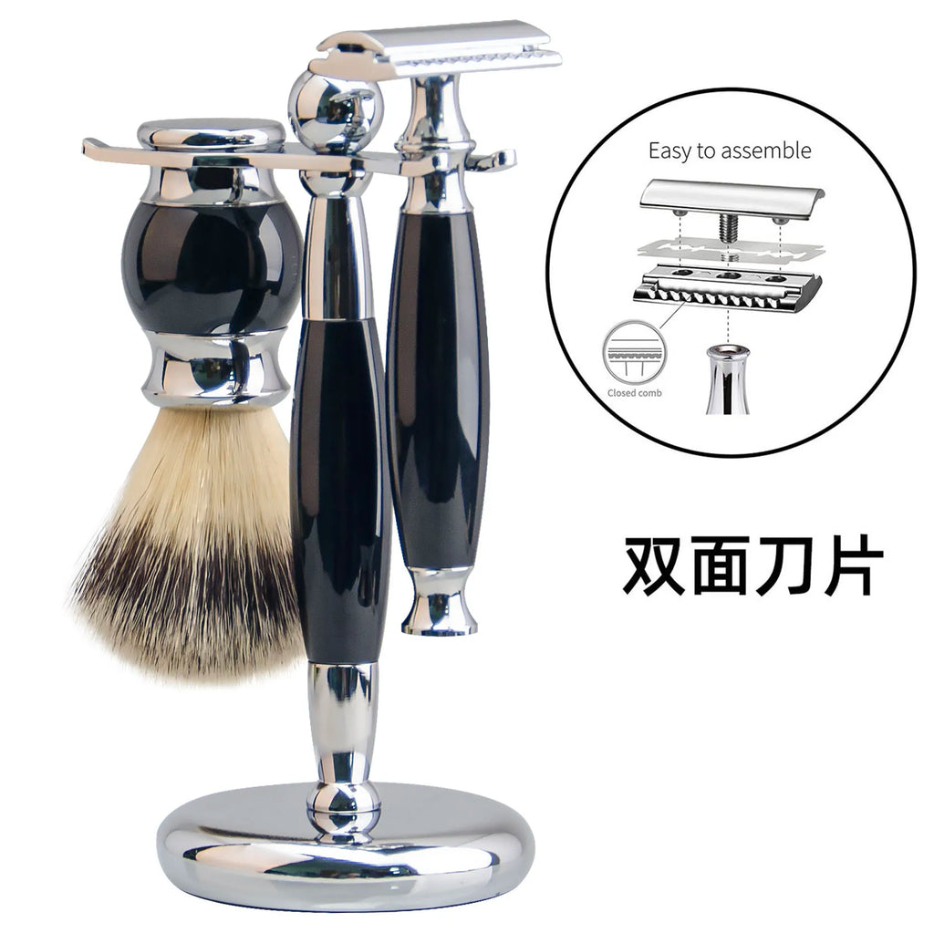Shaving set featuring a black and chrome safety razor and brush on a matching stand, with an assembly diagram.