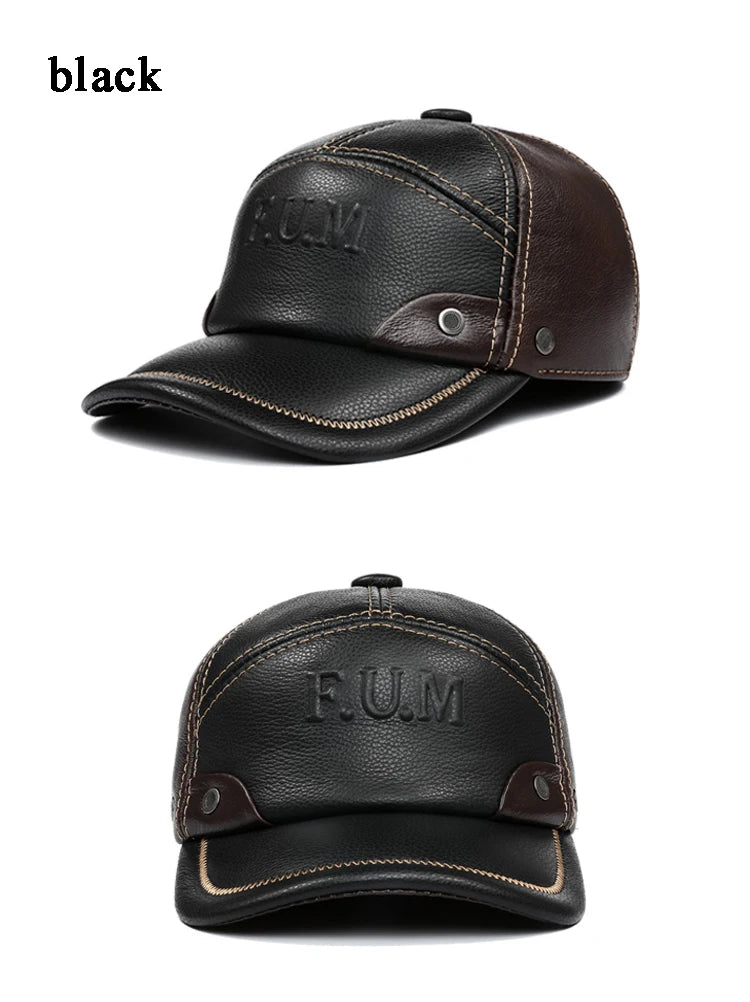 Black genuine leather baseball cap with contrasting brown accents, stitching detail, and foldable winter ear flaps.