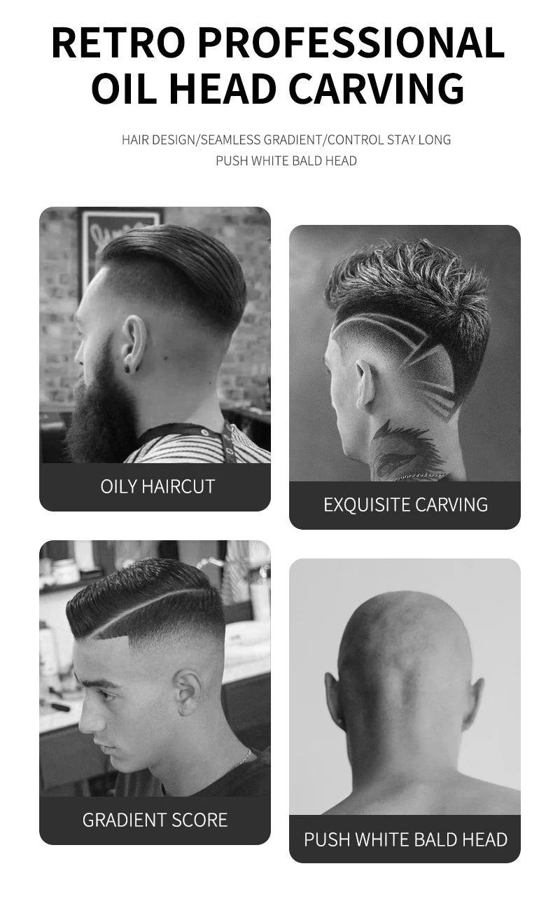 A collage showing professional haircuts including fades, patterns, and a clean-shaven head for styling inspiration.