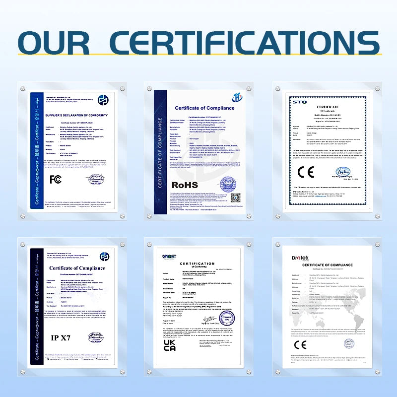 A display of six framed product compliance and safety certificates for the electric shaver and grooming kit.