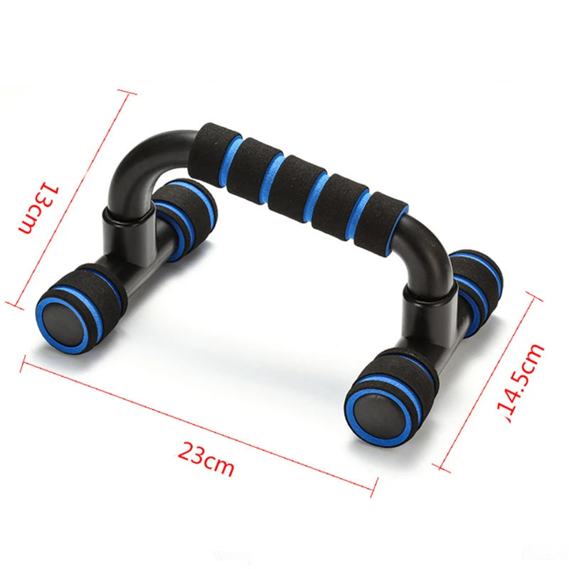 Black and blue push-up bars with foam grips and dimension markers against a white background.