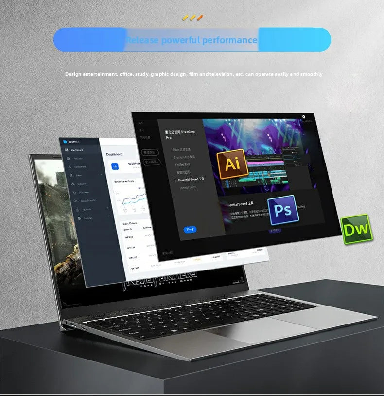 Sleek 14-inch silver laptop with a black keyboard, displaying professional software interfaces on the Full HD screen.