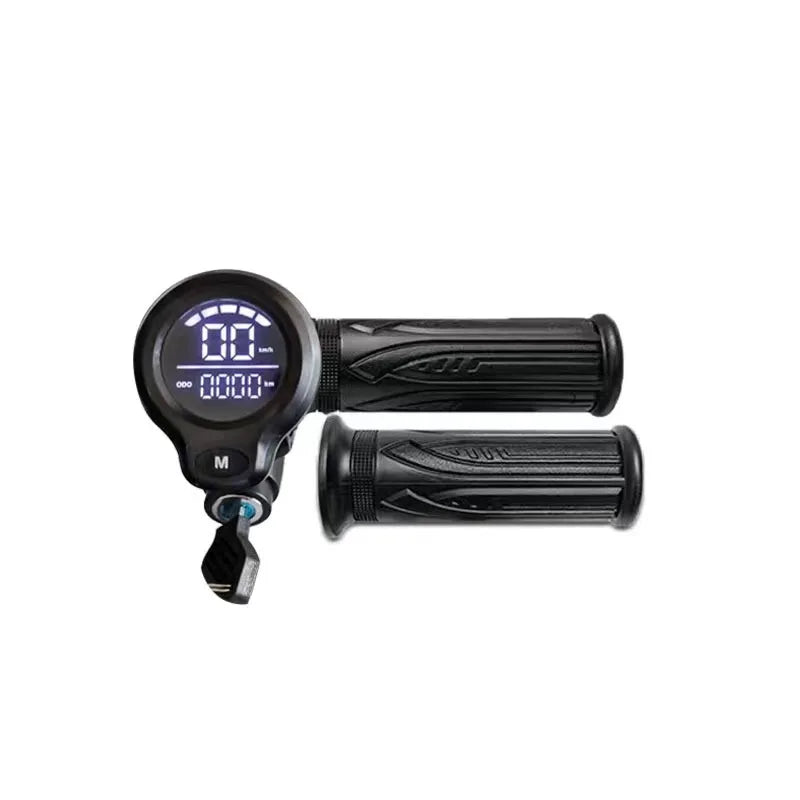 Black electric bike twist throttle with integrated digital display, mode button, and a key ignition switch.