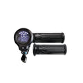 Black electric bike twist throttle with integrated digital display, mode button, and a key ignition switch.