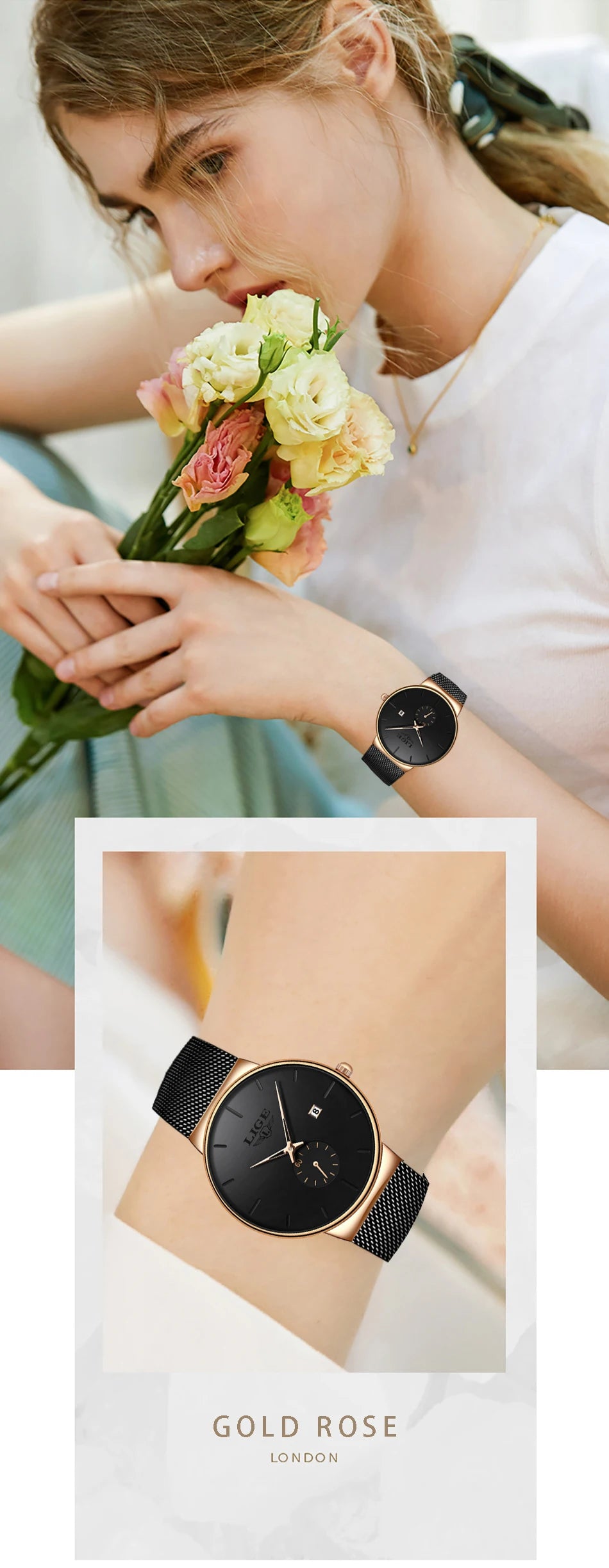 Elegant women’s quartz watch with a black face, minimalist gold bezel, and slim black stainless steel mesh strap.