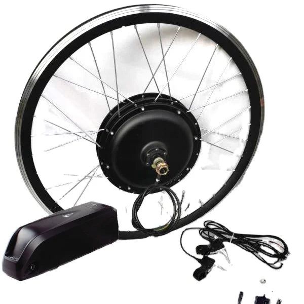 Electric bike conversion kit featuring a black motor wheel, a sleek battery pack, and control cables.