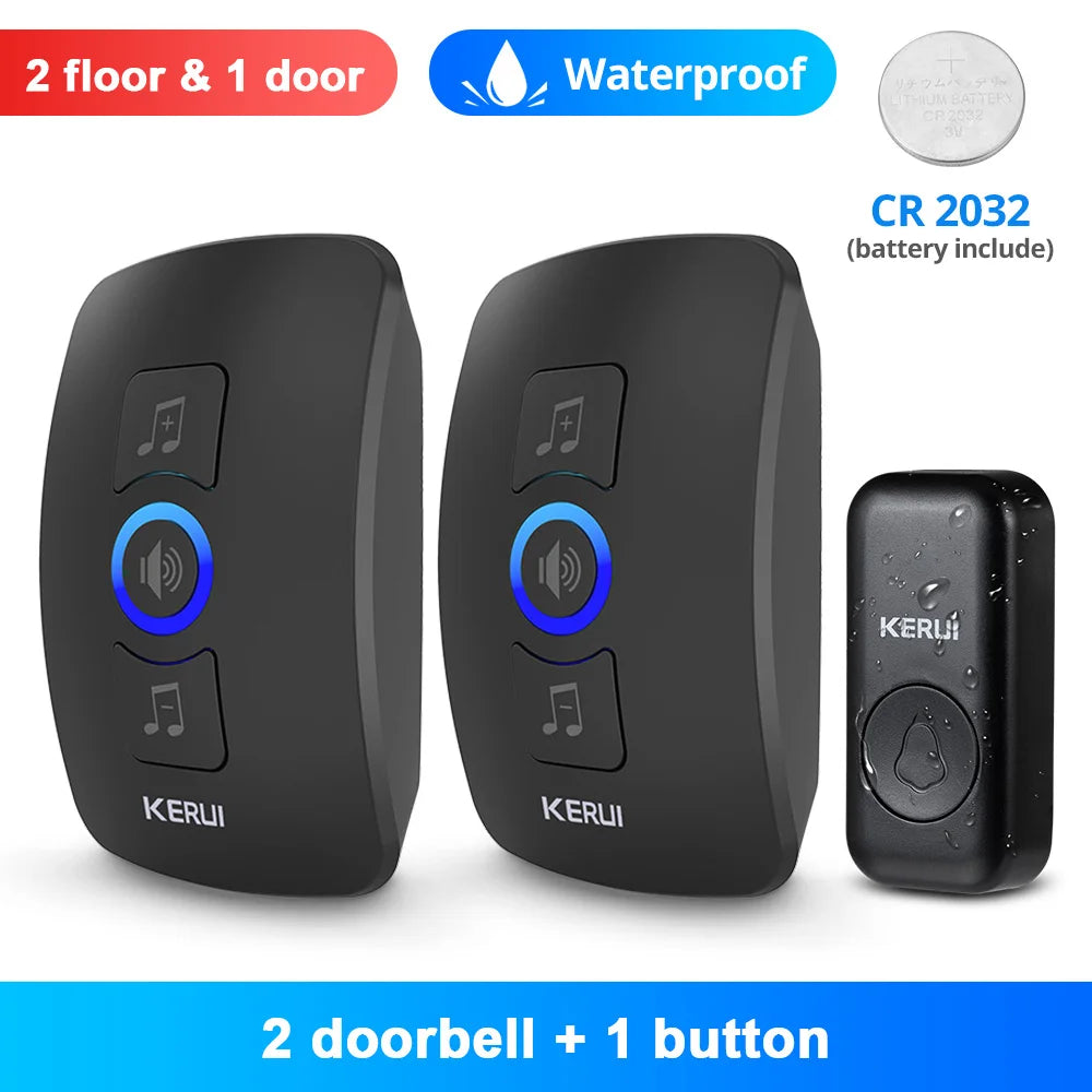 Two black plastic doorbell receivers with blue rings and one waterproof doorbell button, includes a CR2032 battery.