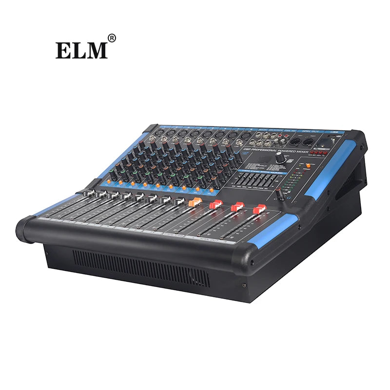 Black 8-channel audio mixer with blue accents, featuring multiple control knobs, sliders, and a digital effect display.