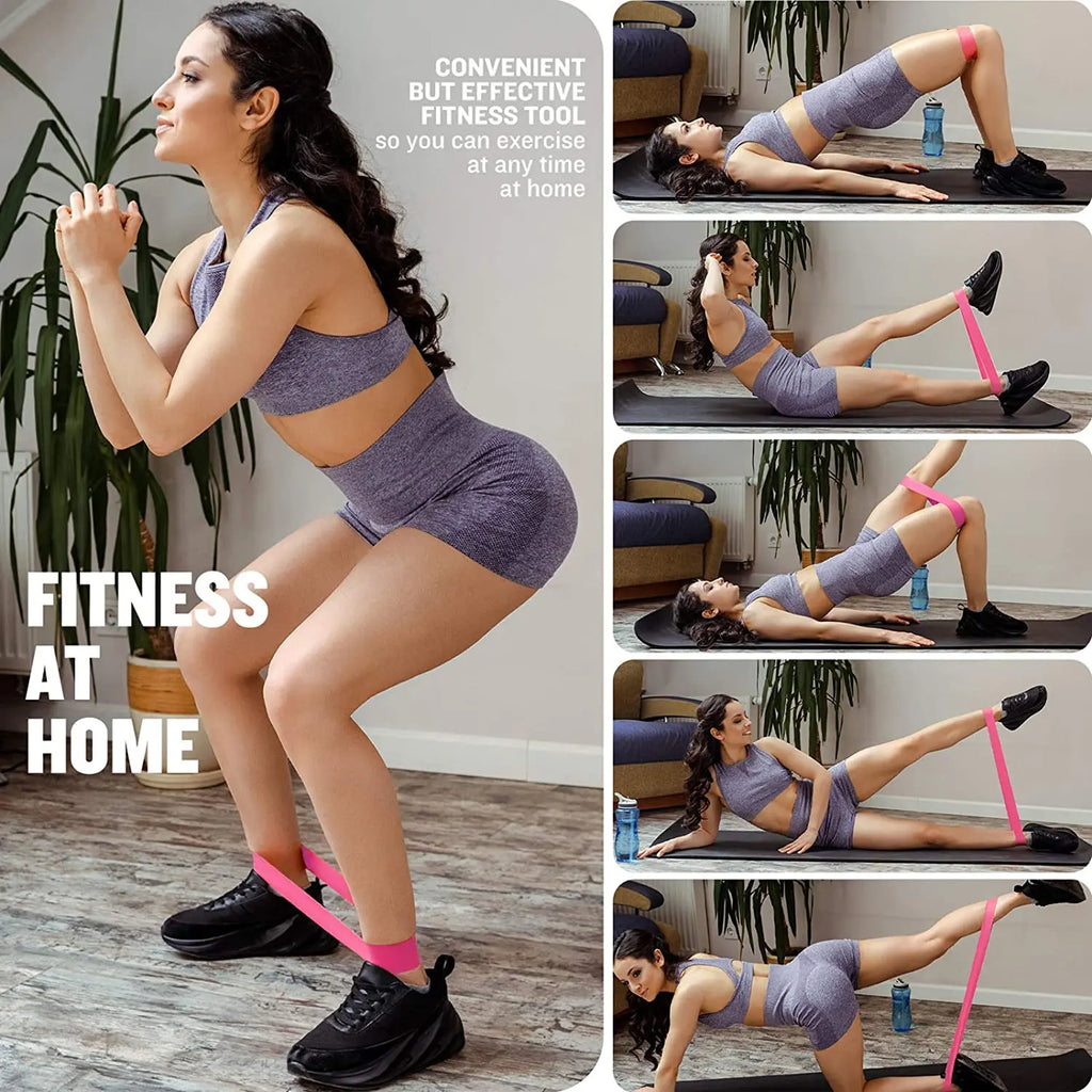A woman in a grey activewear set demonstrating various exercises using a bright pink resistance loop band at home.