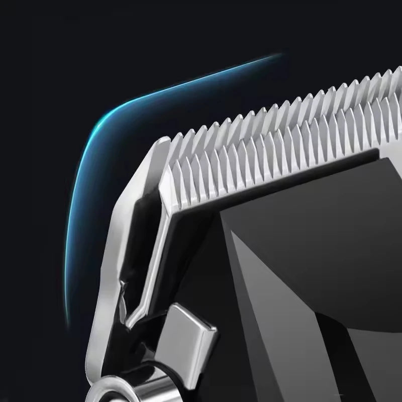 Close-up of a professional cordless trimmer featuring a sharp, silver T-blade and a sleek black handle.