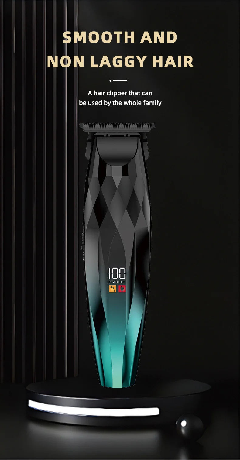 Black and teal cordless hair trimmer with a geometric diamond-patterned handle and a digital battery display.