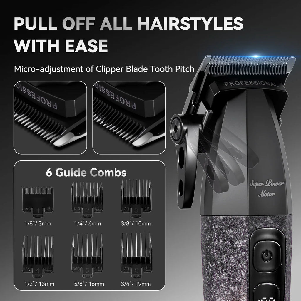 Professional black electric hair clipper with adjustable blade pitch and six guide combs ranging from 3mm to 19mm.
