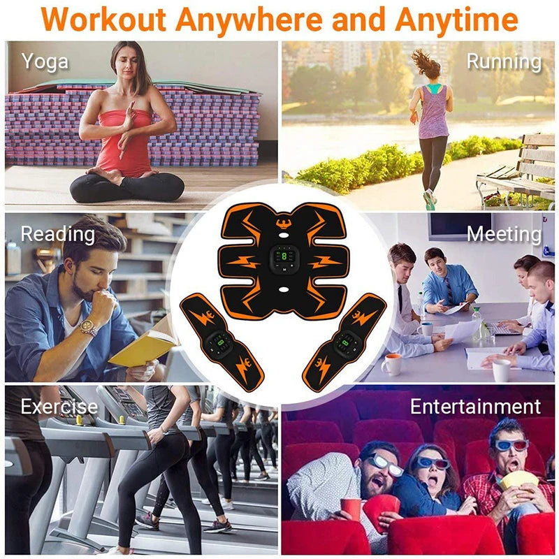 Black and orange EMS muscle stimulator pad with central control unit and two smaller arm or leg pads.