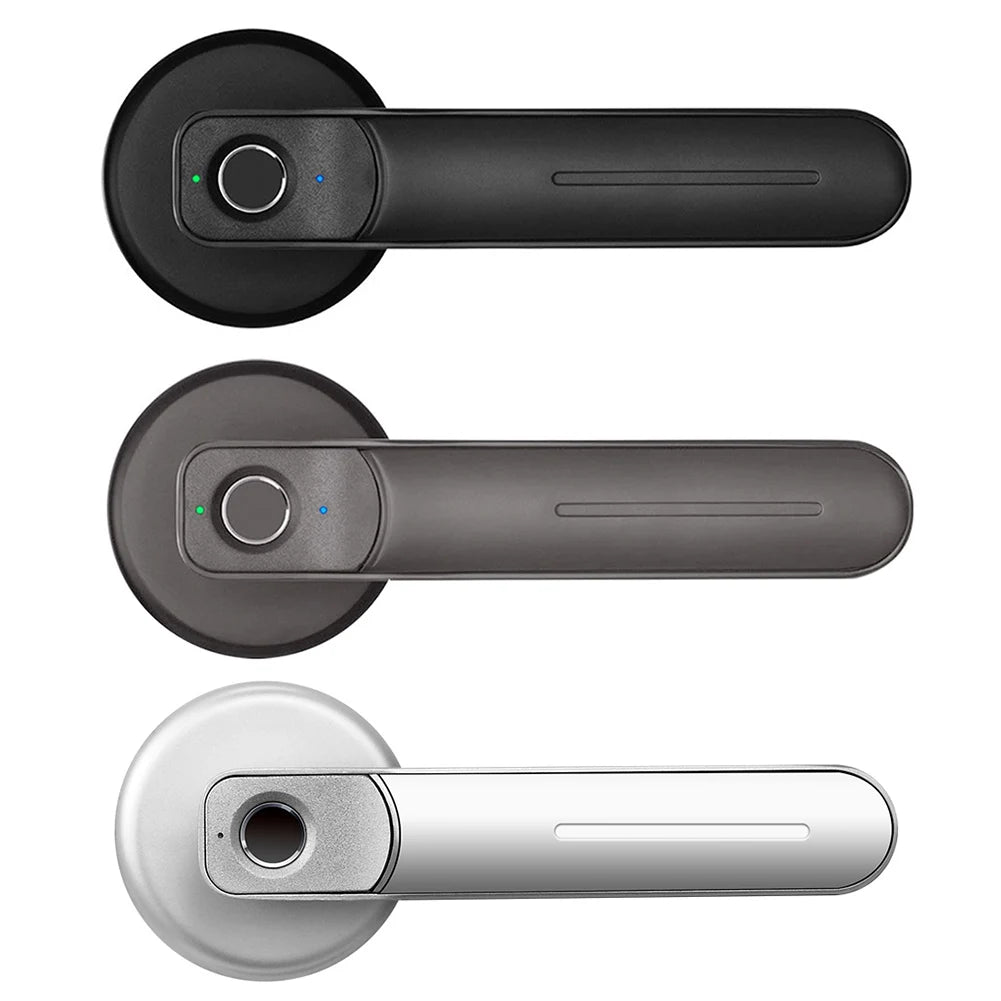 Three metal door handles with integrated fingerprint scanners in black, dark grey, and silver finishes.
