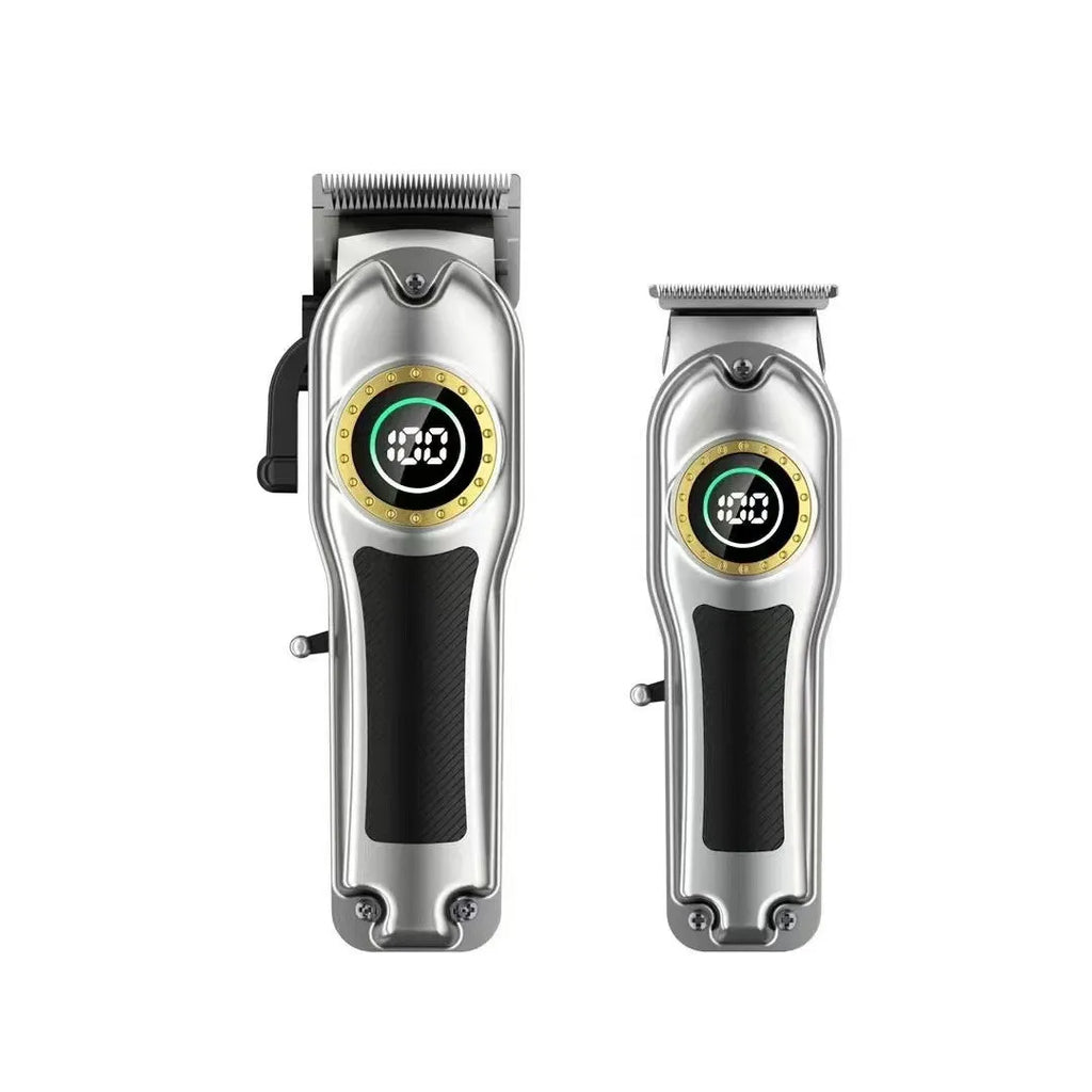Professional silver and black electric hair clipper and trimmer set with LED battery display indicators.