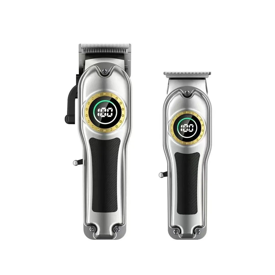 Professional silver and black electric hair clipper and trimmer set with LED battery display indicators.