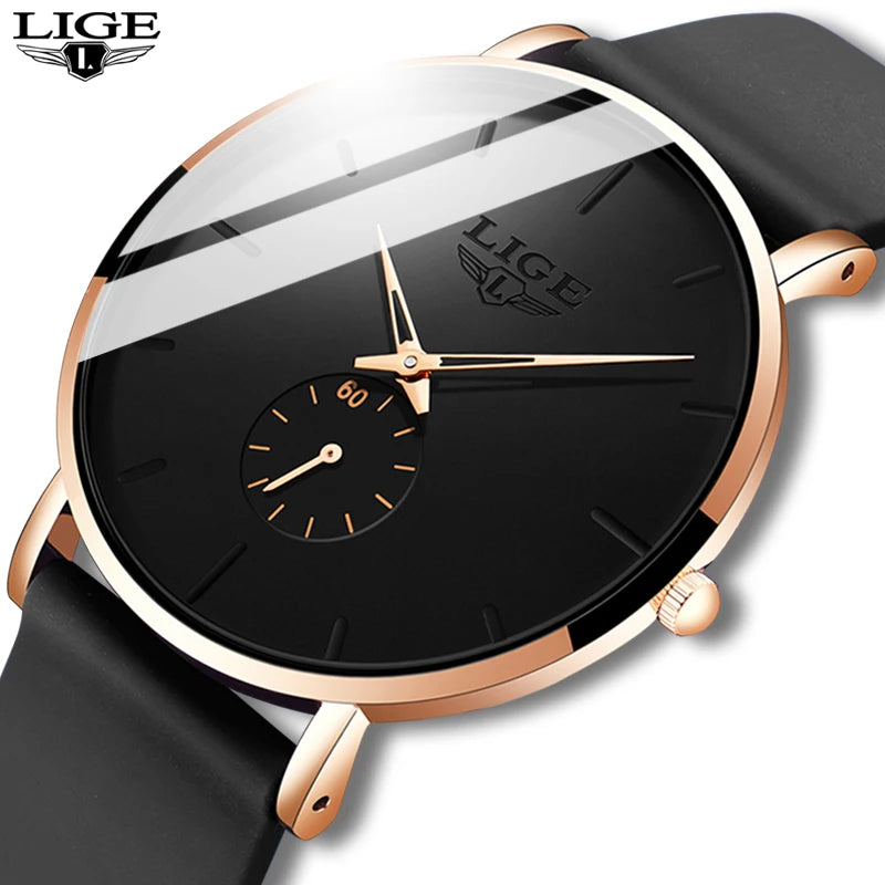 LIGE ultra-thin men's quartz watch with a round rose gold case, black dial, gold hands, and black strap.