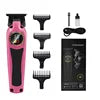 Pink electric hair trimmer with LED display, including four guide combs, cleaning oil, and a charging cable.