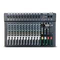 Black 12-channel professional audio mixer featuring tactile control knobs, fader sliders, and a 24-effect digital display.