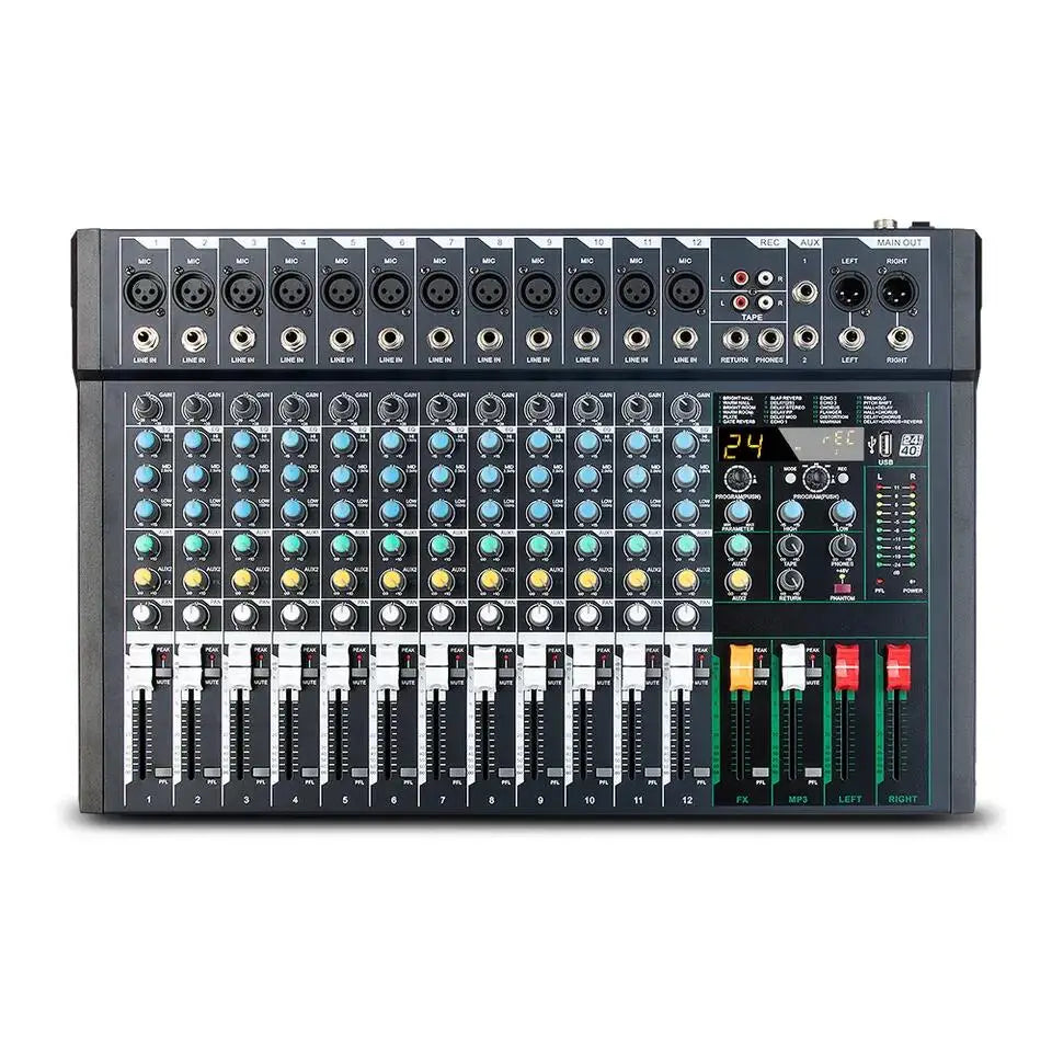 12-channel professional audio mixer in black, featuring colourful rotary controls, 24 reverb effects, and USB display.