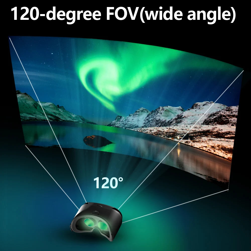 Black 3D VR headset displaying a curved wide-angle 120-degree green aurora borealis landscape view.