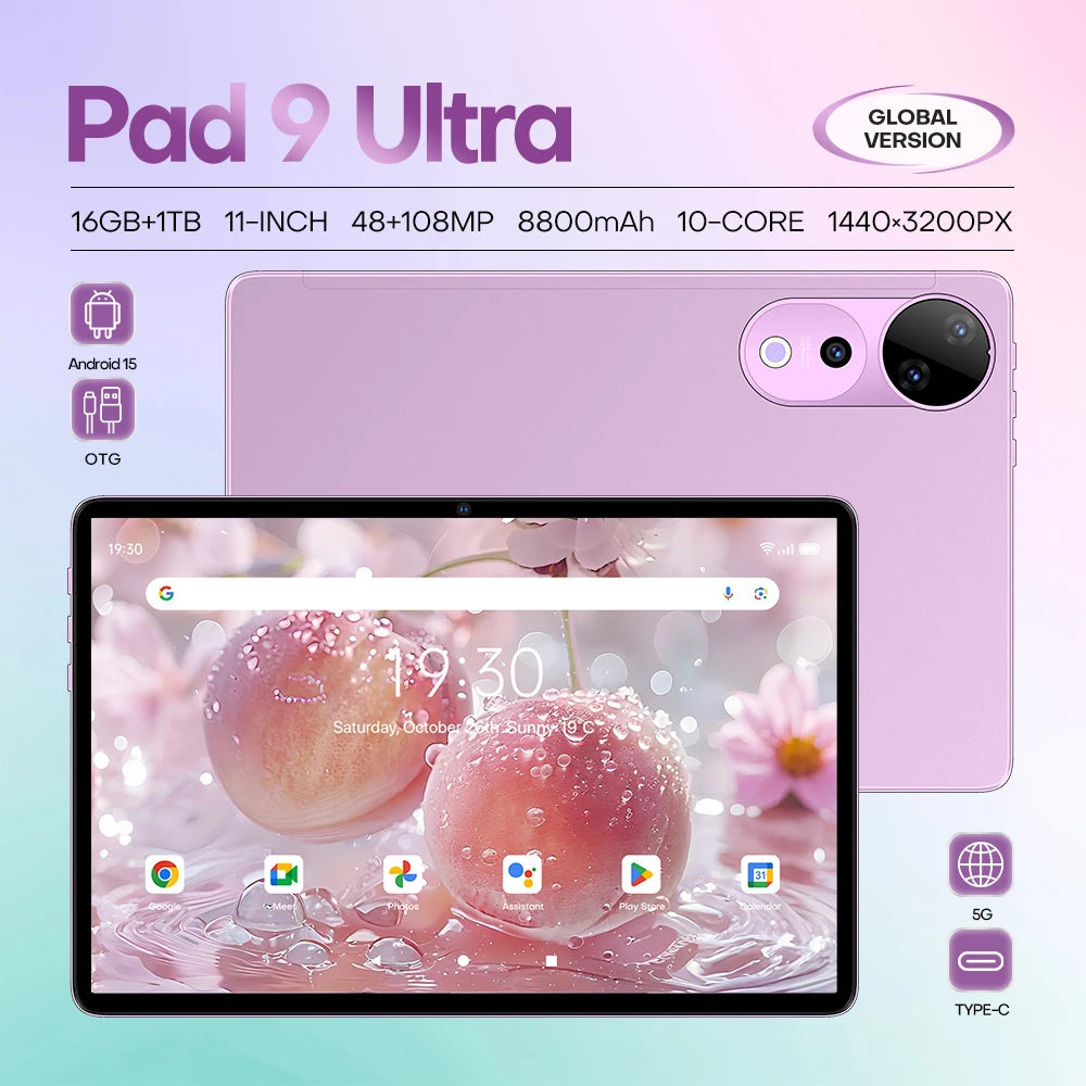 Lavender 11-inch Android 15 tablet with dual camera, 16GB RAM, 1TB storage, and a bright, high-resolution display.