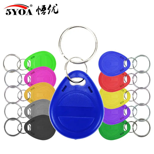 Set of multicolored plastic teardrop-shaped RFID key fob access tags with metal split key rings.