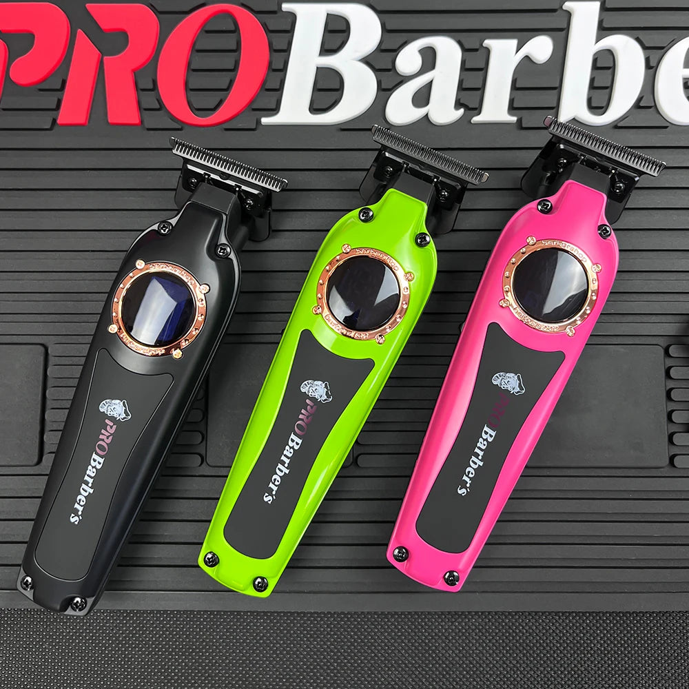 Three professional hair trimmers in black, lime green, and pink, each with a central LED display and T-blade design.