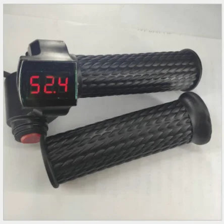 Black e-bike twist throttle grips with a textured surface, red digital LCD voltage display, and a small red button.