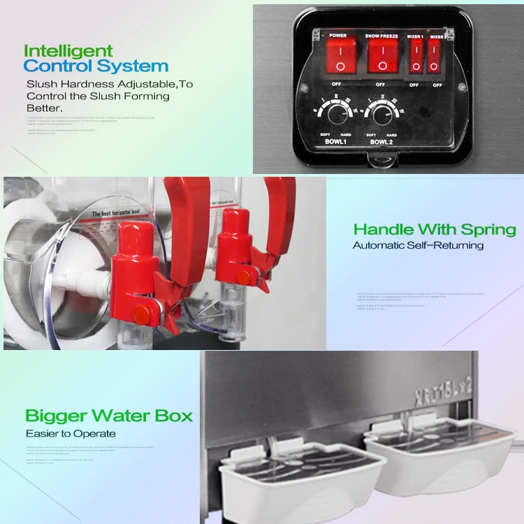 Commercial 2-bowl slush machine with red self-returning handles, adjustable hardness controls and drip trays.