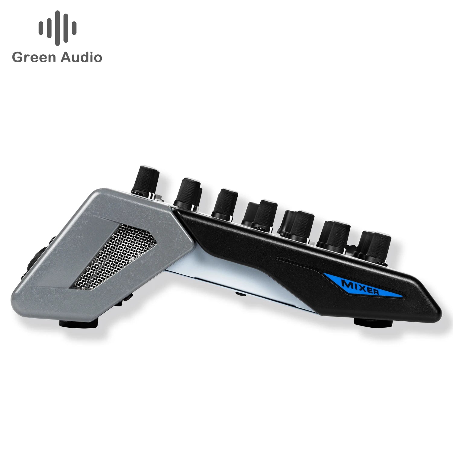 Side profile of a sleek, black and silver 4-channel professional audio mixer with rotary control knobs.