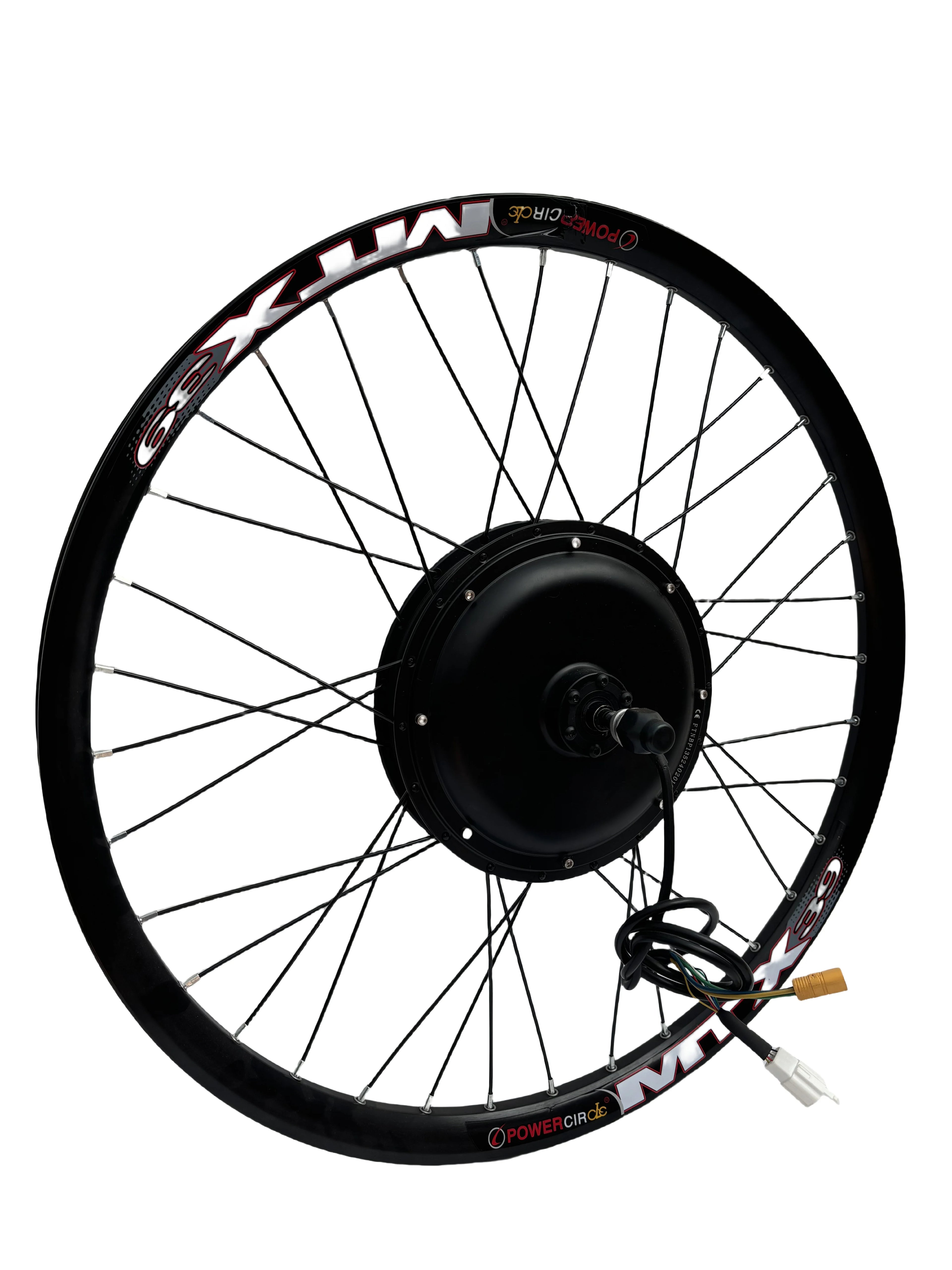 Black 2000W electric bike hub motor built into a black spoked wheel with silver and red rim decals.