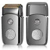 A charcoal grey rechargeable electric foil shaver shown with and without its protective cap.