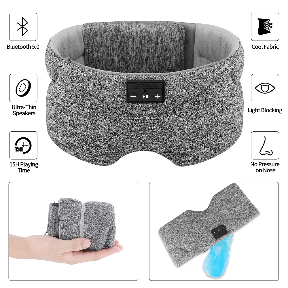 Grey fabric Bluetooth sleep mask with integrated speakers, light-blocking design, and a removable cooling gel pack.